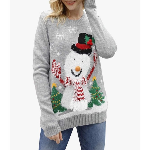 Cute Ugly Christmas Sweater Snowman 3D Scarf Hat Fuzzy Trees Snowflake Women's L - Picture 1 of 13